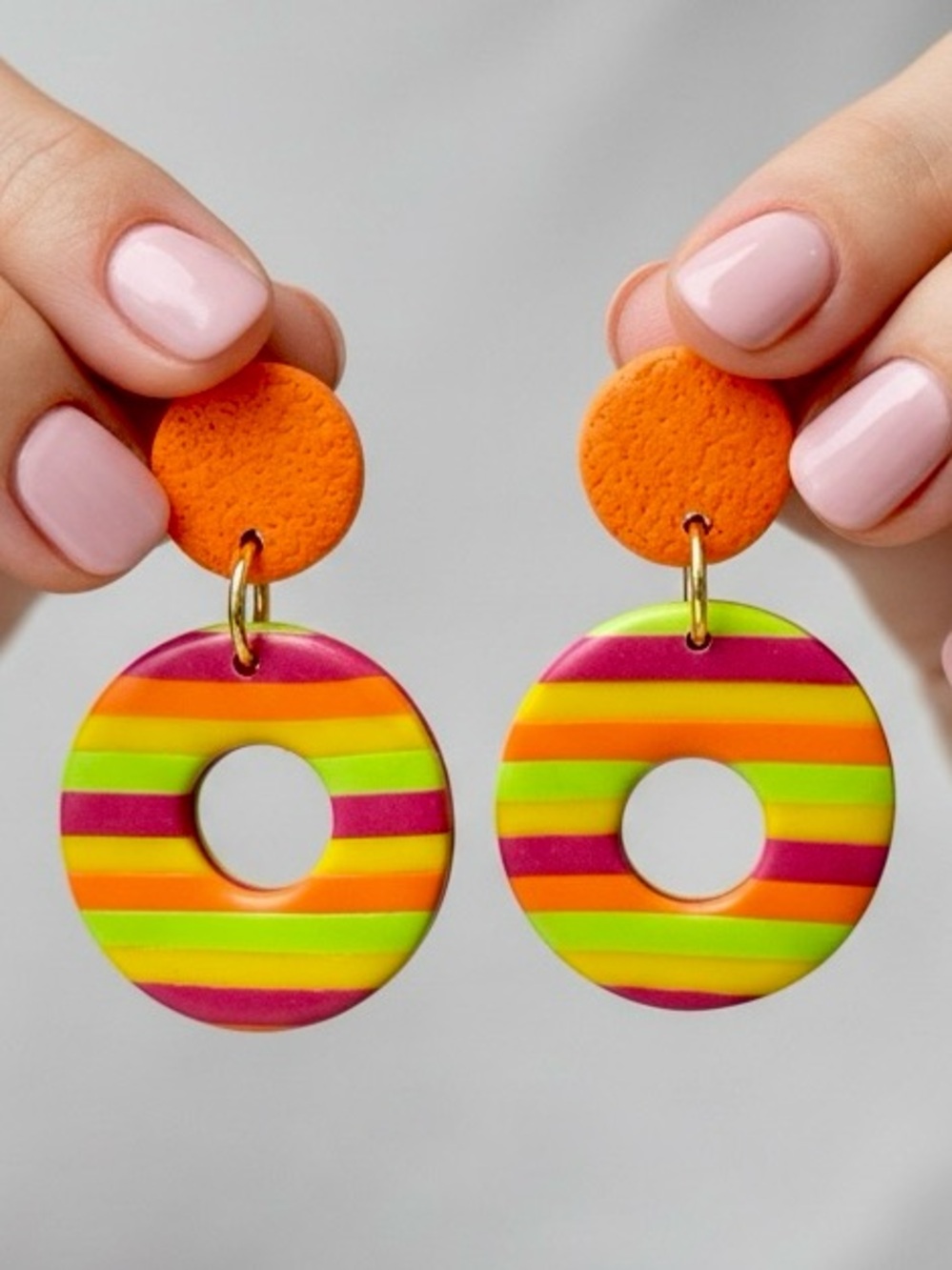 Handmade Rainbow Striped 2 pc Round Polymer Clay Dangle Earrings Stainless Steel